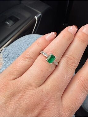 Emerald-Cut Emerald Gemstone Platinum Engagement Ring with Custom engraved band